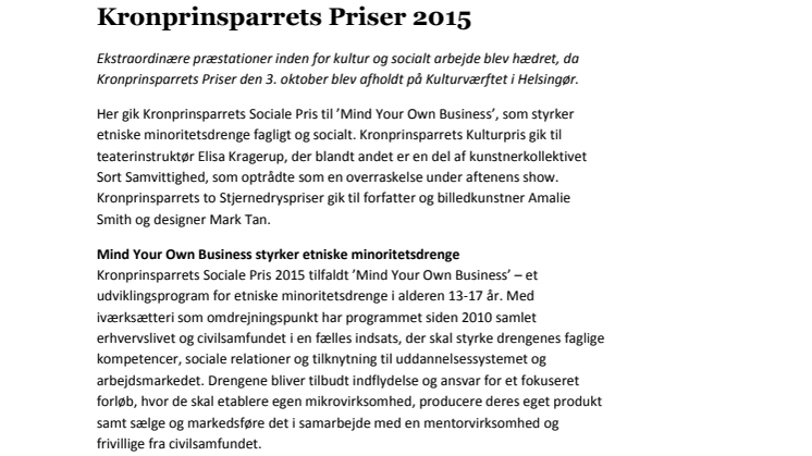 Kronprinsparrets Priser 2015