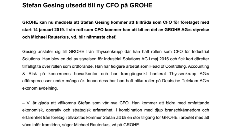 Stefan Gesing utsedd till ny CFO på GROHE
