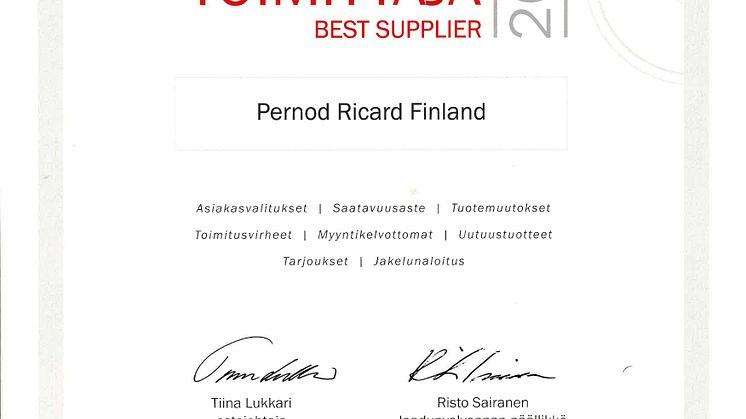 Pernod Ricard Finlandista kolmatta kertaa Alkon Paras toimittaja