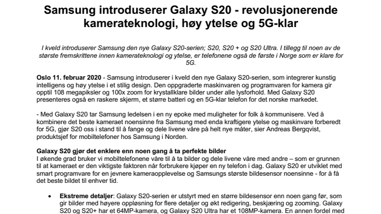 Samsung introduserer Galaxy S20 - revolusjonerende kamerateknologi, høy ytelse og 5G-klar