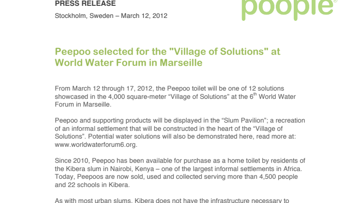 Peepoo selected for the "Village of Solutions" at  World Water Forum in Marseille 
