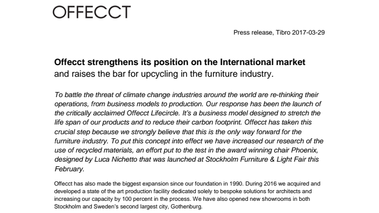 Offecct strengthens its position on the International market  and raises the bar for upcycling in the furniture industry