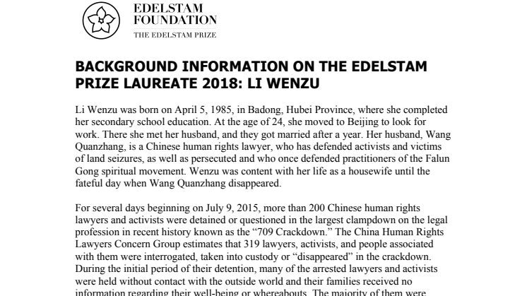 Persecuted wife of detained Chinese human rights lawyer receives the Edelstam Prize