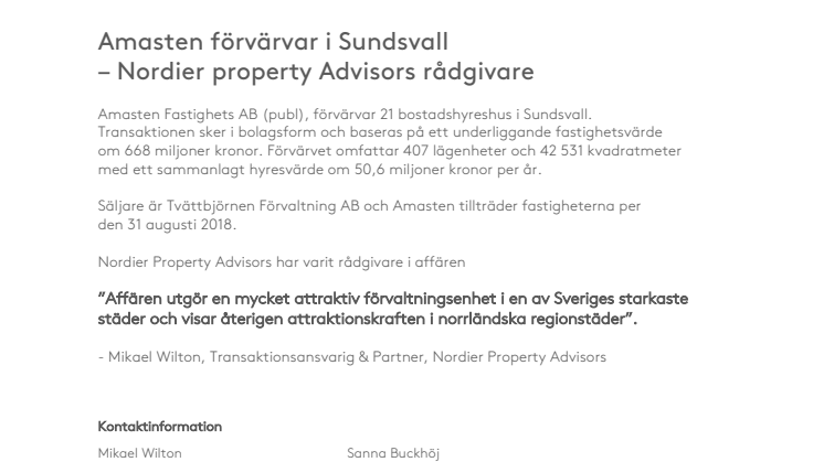 Amasten förvärvar i Sundsvall – Nordier Property Advisors rådgivare