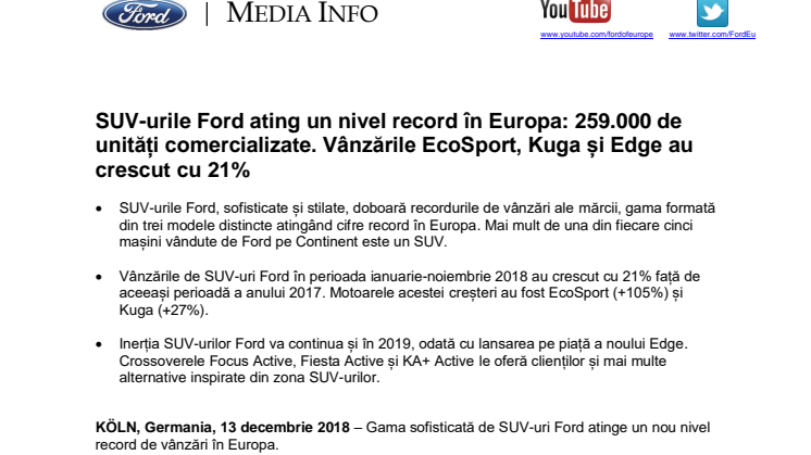 SUV-urile Ford ating un nivel record în Europa: 259.000 de unități comercializate. Vânzările EcoSport, Kuga și Edge au crescut cu 21%