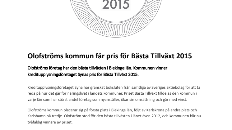Olofströms kommun får pris för Bästa Tillväxt 2015