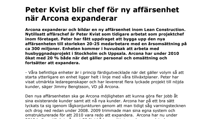 Peter Kvist blir chef för ny affärsenhet när Arcona expanderar
