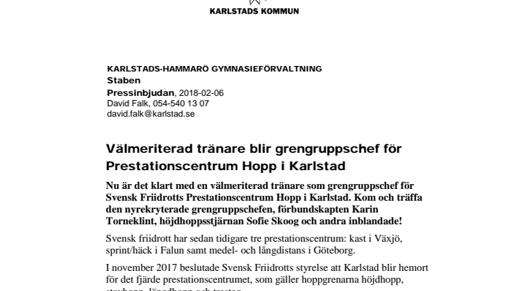 Pressinbjudan: Välmeriterad tränare blir grengruppschef för Prestationscentrum Hopp i Karlstad
