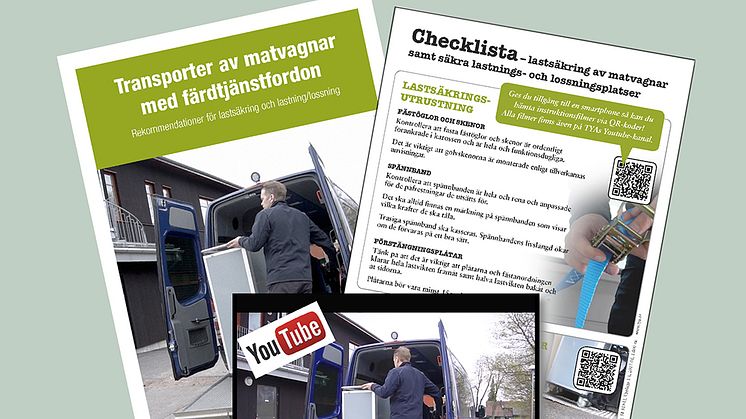 Skrift, checklista och instruktionsfilmer som visar hur matvagnar lastsäkras i färdtjänstfordon.