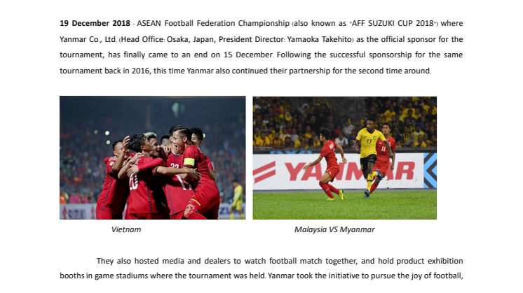 Yanmar Spreads Excitement in Thailand and Throughout Southeast Asia By Supporting ASEAN Football Federation Championship 2018 as Official Sponsor