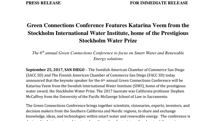 Green Connections Conference Features Katarina Veem from the Stockholm International Water Institute, home of the Prestigious Stockholm Water Prize