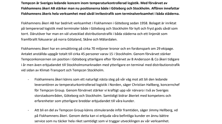 ​Tempcon Group förvärvar Fiskhamnens åkeri, en etablerad aktör i Göteborg med verksamhet även i Stockholm