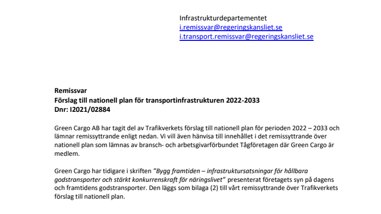 Green Cargos remissvar på Trafikverkets förslag till nationell plan 2022-2033.