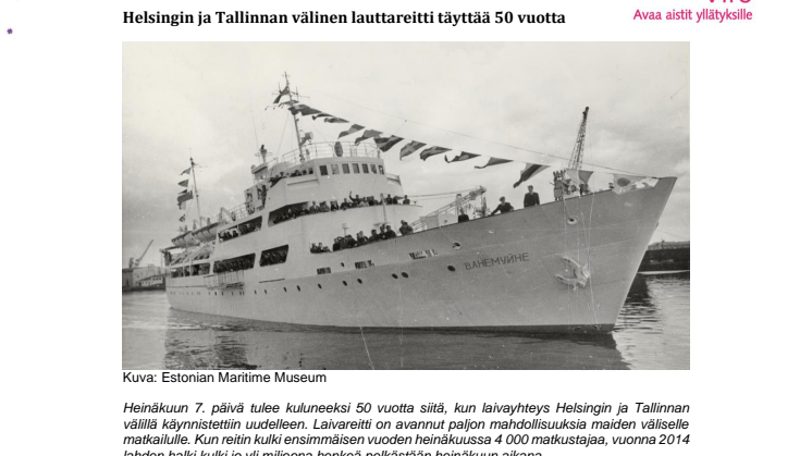 Helsingin ja Tallinnan välinen lauttareitti täyttää 50 vuotta