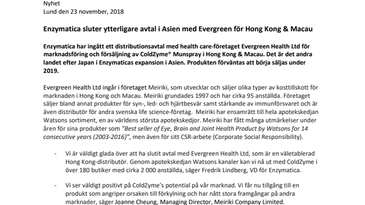 Enzymatica sluter ytterligare avtal i Asien med Evergreen för Hong Kong & Macau