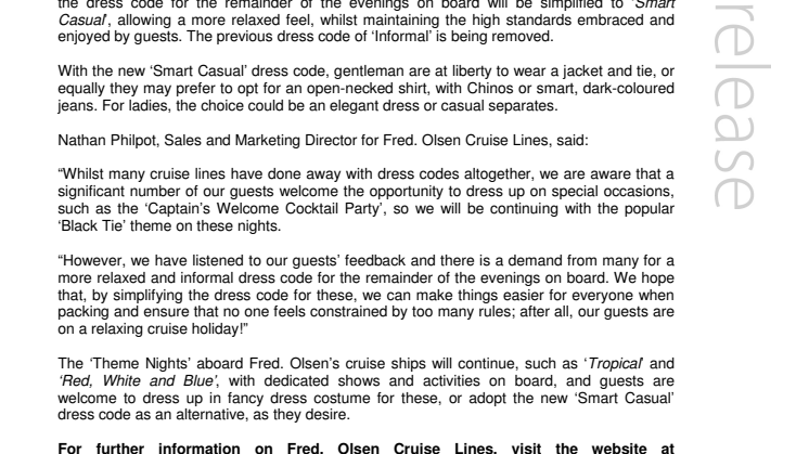 Fred. Olsen Cruise Lines simplifies the evening dress code across its fleet