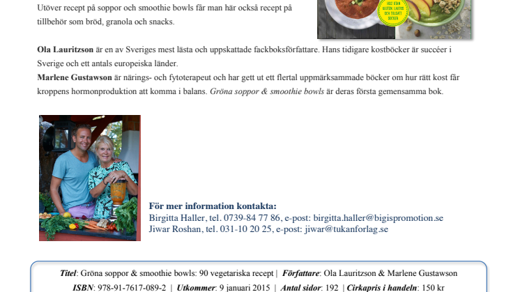 Ola Lauritzson/Marlene Gustawson släpper grön sopp- och smoothiebok (9 januari Tukan Förlag)