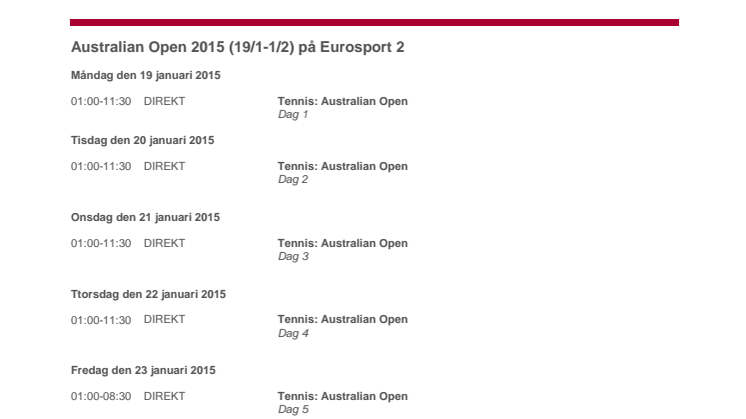 Tablå för Australian Open 2015 på Eurosport 2