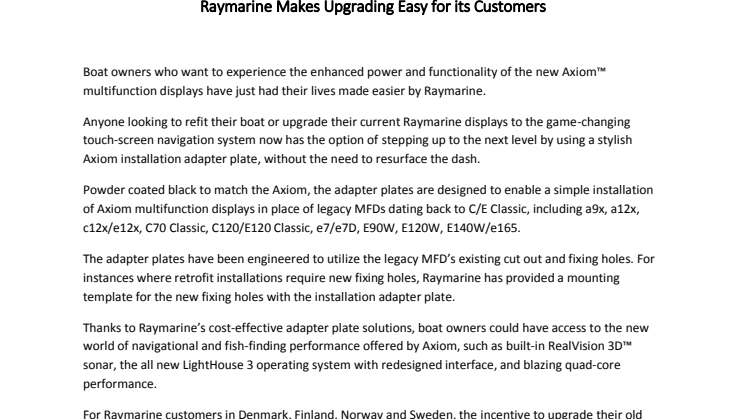 Raymarine Finland: Raymarine Makes Upgrading Easy for its Customers