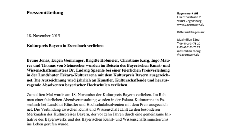 Kulturpreis Bayern 2015 in Essenbach verliehen