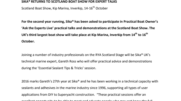 Sika UK: Sika® Returns to Scotland Boat Show for Ask the Experts