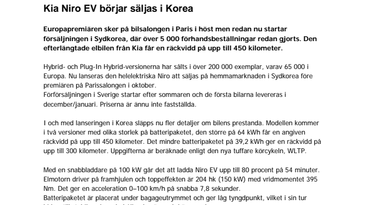 Kia Niro EV börjar säljas i Korea