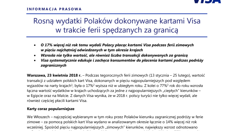 Rosną wydatki Polaków dokonywane kartami Visa w trakcie ferii spędzanych za granicą