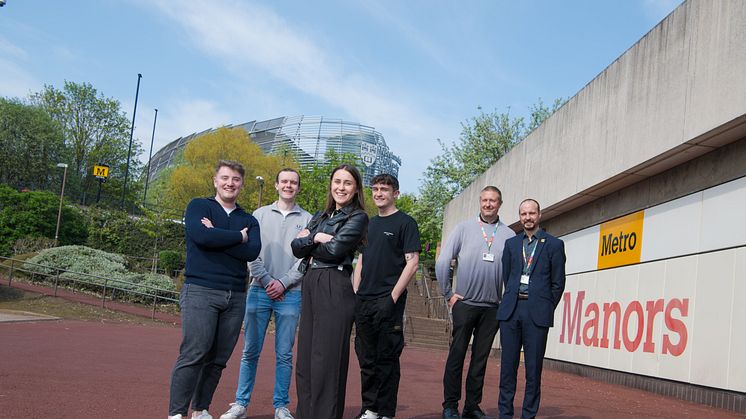 Business Clinic students Nathan Binns, George Dawson, Ella Craggs and Elliot Cowie with David Turton and Matt Godwin of Nexus 