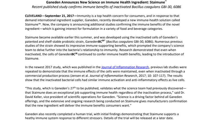 Ganeden Announces New Science on Immune Health Ingredient: Staimune™ 