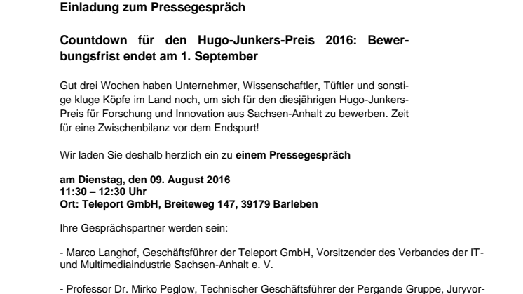  Countdown für den Hugo-Junkers-Preis 2016: Bewerbungsfrist endet am 1. September