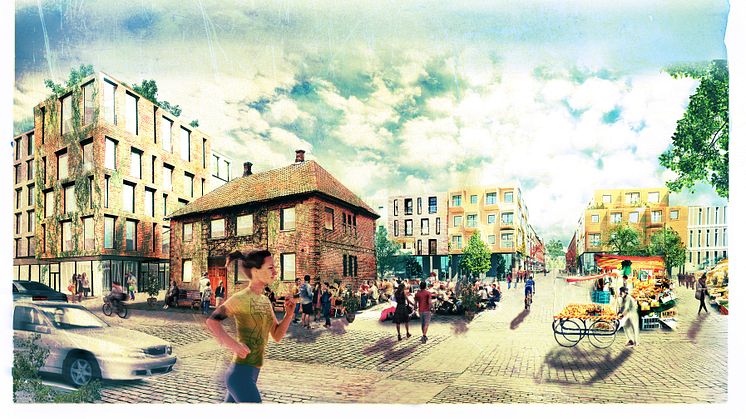 Visionsbild över kvarteret Brännaren i Sorgenfri med Benzonhuset, vy från Industrigatan. Illustration: Ludvig von Hofsten, Malmö stad