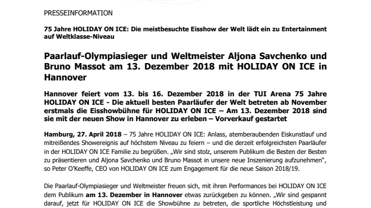 Paarlauf-Olympiasieger und Weltmeister Aljona Savchenko und Bruno Massot am 13. Dezember 2018 mit HOLIDAY ON ICE in Hannover 