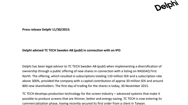 Delphi advised TC TECH Sweden AB (publ) in connection with an IPO