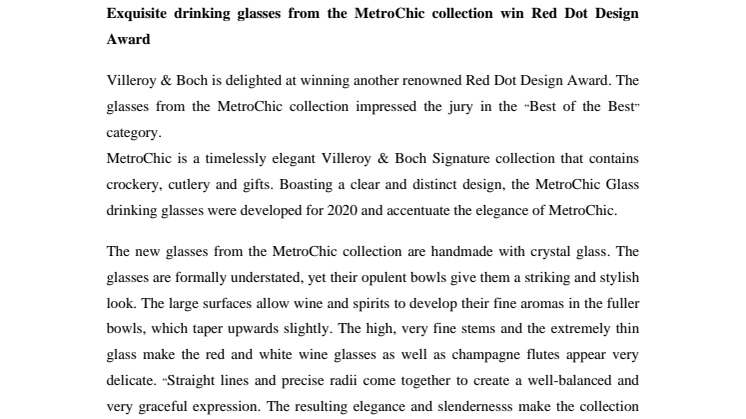 “Best of the Best”: Exquisite drinking glasses from the MetroChic collection win Red Dot Design Award