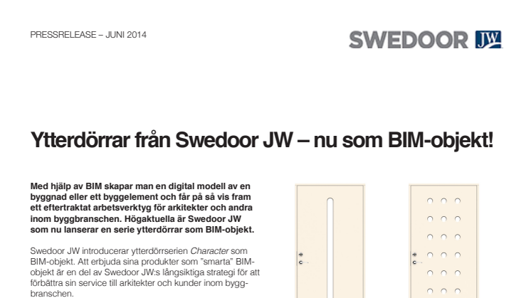 Ytterdörrar från Swedoor JW – nu som BIM-objekt!