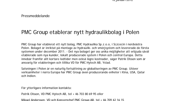 PMC Group etablerar nytt hydraulikbolag i Polen