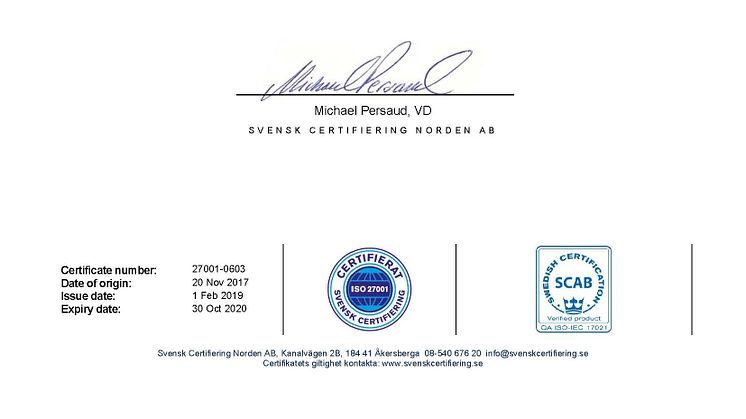 Softone, ISO 27001-certifikat