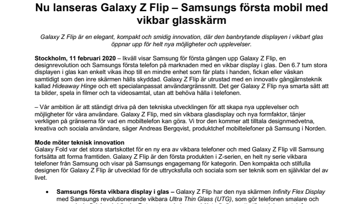 Nu lanseras Galaxy Z Flip – Samsungs första mobil med vikbar glasskärm