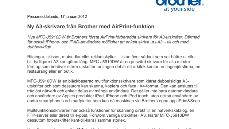 Ny A3-skrivare från Brother med AirPrint-funktion