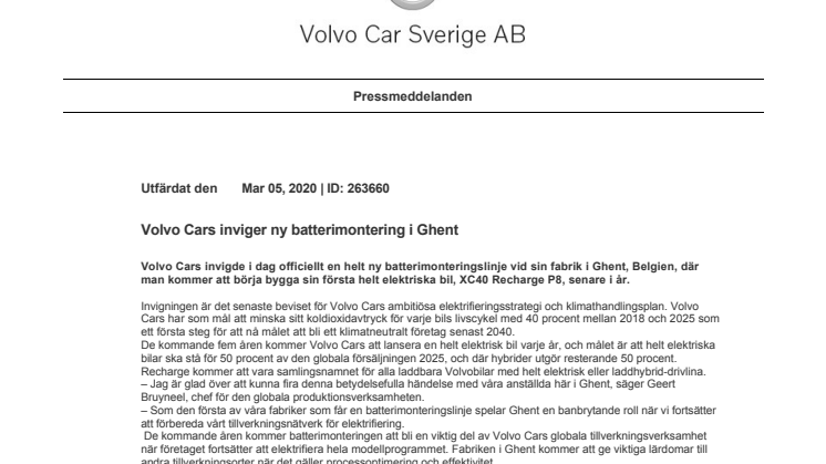 Volvo Cars inviger ny batterimontering i Ghent