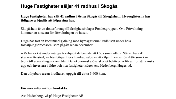 Huge Fastigheter säljer 41 radhus i Skogås 