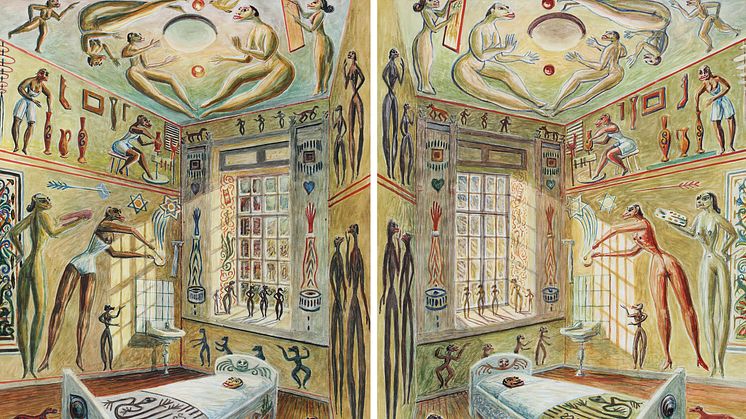 Louis Marcussen (Ovartaci)- Interiør med figurer, To surealistiske kompositioner samlet i én ramme. Akvarel og gouache. Lysmål hver 55 x 37. Hammerslag 200.000 kr