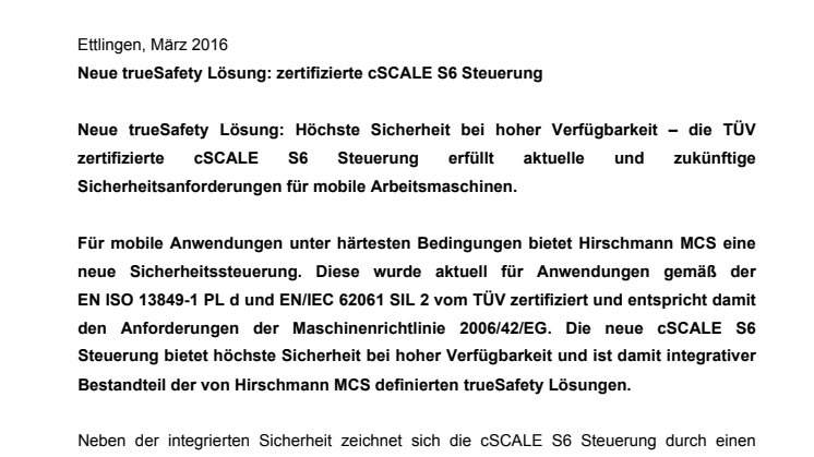 Neue trueSafety Lösung: zertifizierte cSCALE S6 Steuerung