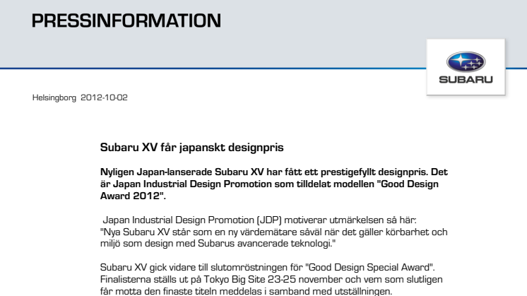 Subaru XV får japanskt designpris