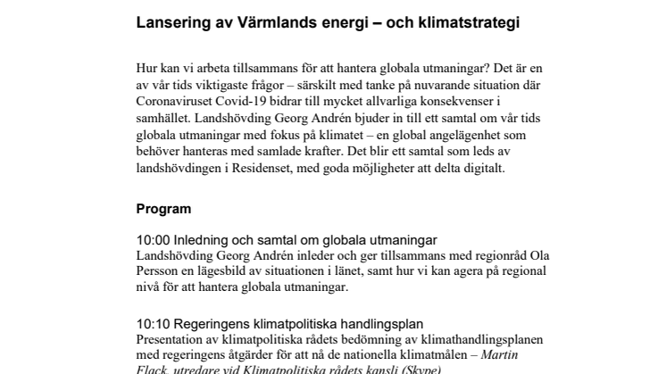 Program inför lansering av Värmlands energi- och klimatstrategi