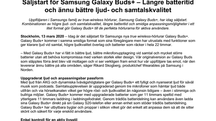 Säljstart för Samsung Galaxy Buds+ – Längre batteritid och ännu bättre ljud- och samtalskvalitet 