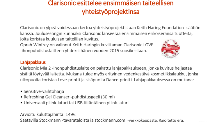 Clarisonic Keith Haring puhdistuslaite tiedote