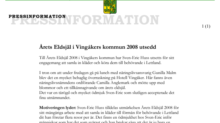 Årets Eldsjäl i Vingåkers kommun 2008 utsedd