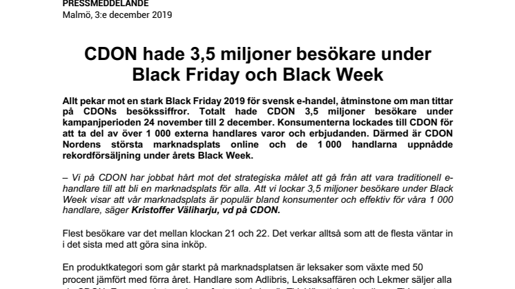 CDON hade 3,5 miljoner besökare under Black Friday och Black Week