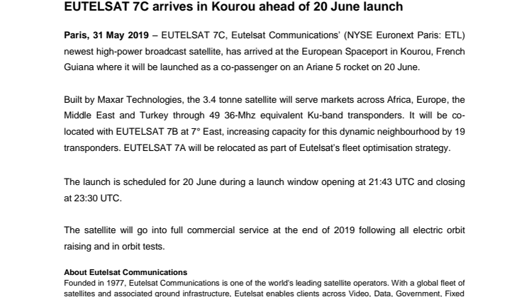 EUTELSAT 7C arrives in Kourou ahead of 20 June launch 